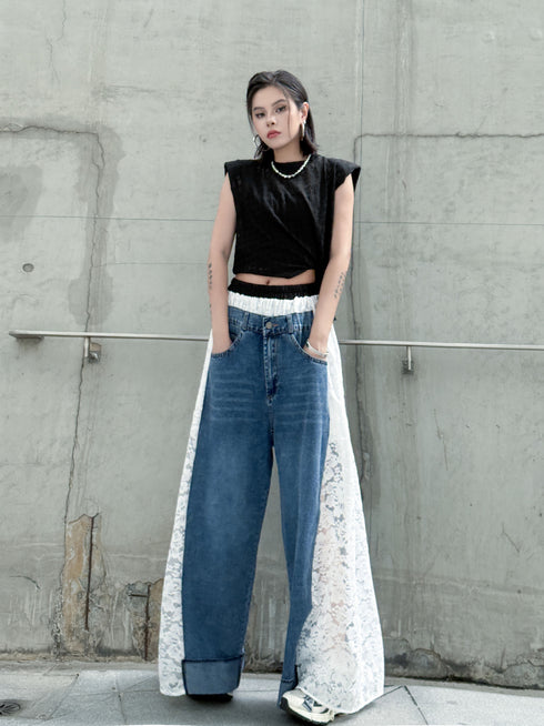 Lace Contrast Wide Denim Pants